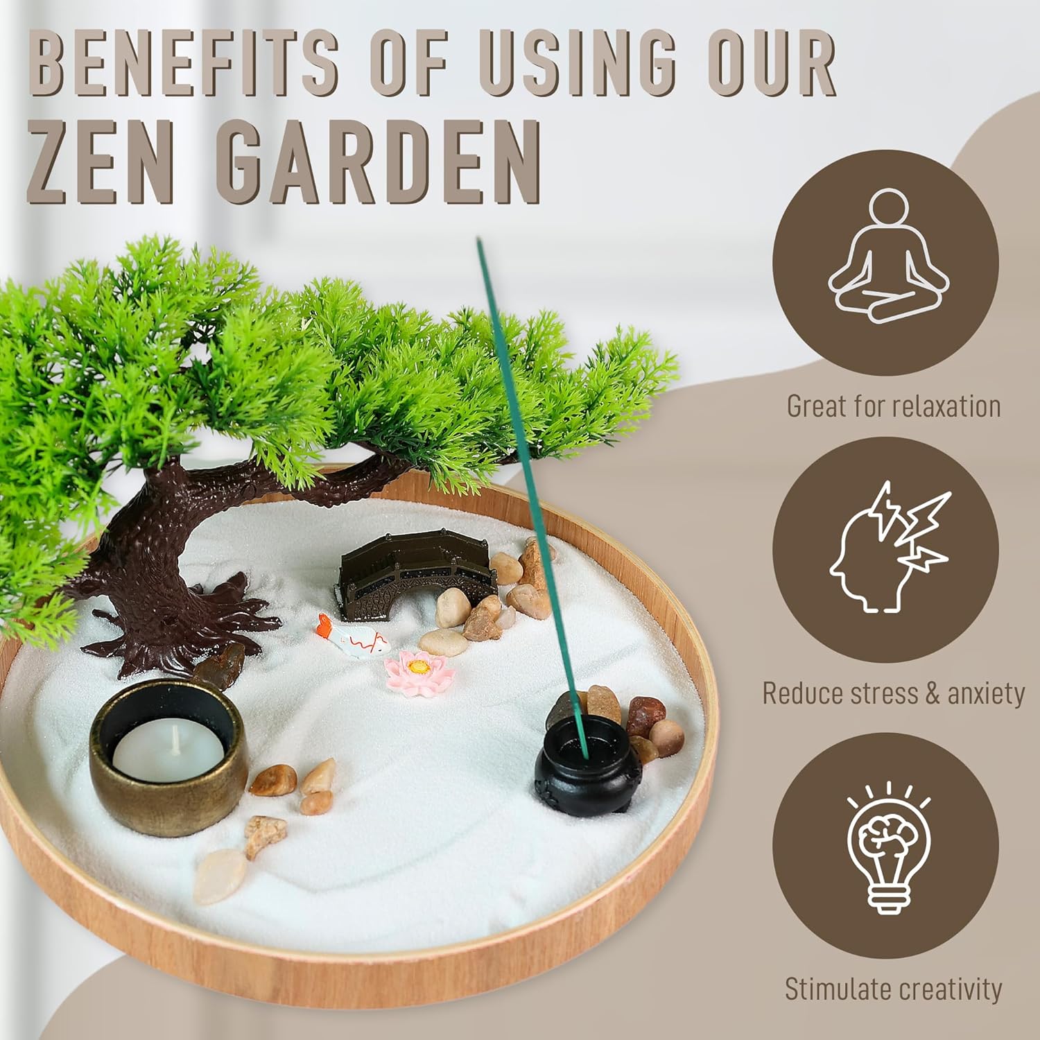 Japanese Zen Garden for Desk - Zen Garden Sand Kit, Artificial Bonsai Tree, Rakes & Accessories
