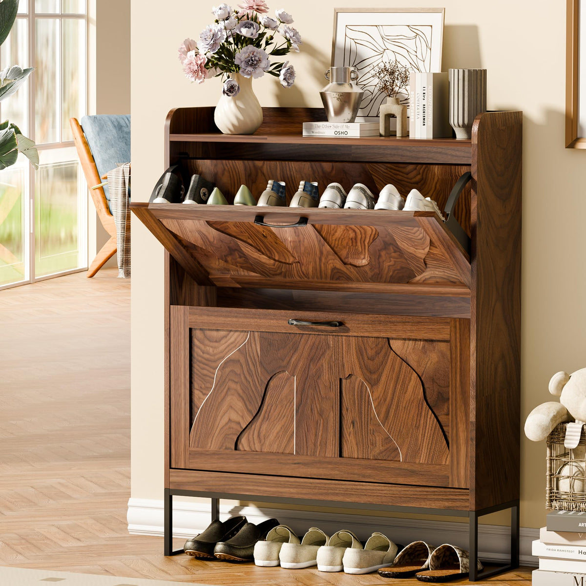 infurnic Shoe Storage Cabinet with 2 Flip Drawers, Narrow Shoe Cabinet for Entryway, Freestanding