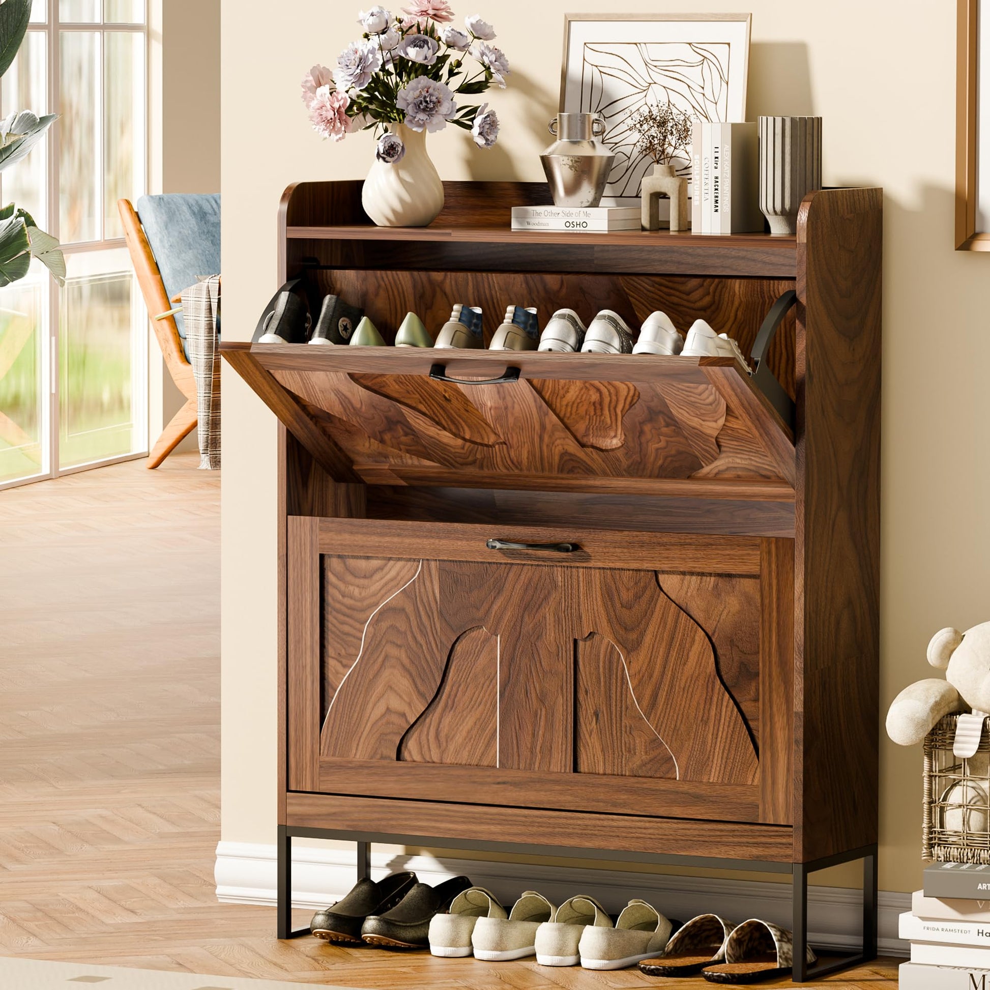 infurnic Shoe Storage Cabinet with 2 Flip Drawers, Narrow Shoe Cabinet for Entryway, Freestanding