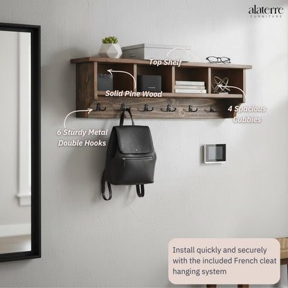 Pomona Solid Wood Entryway Coat Rack with Cubbies, Rustic Brown, 48 Inch