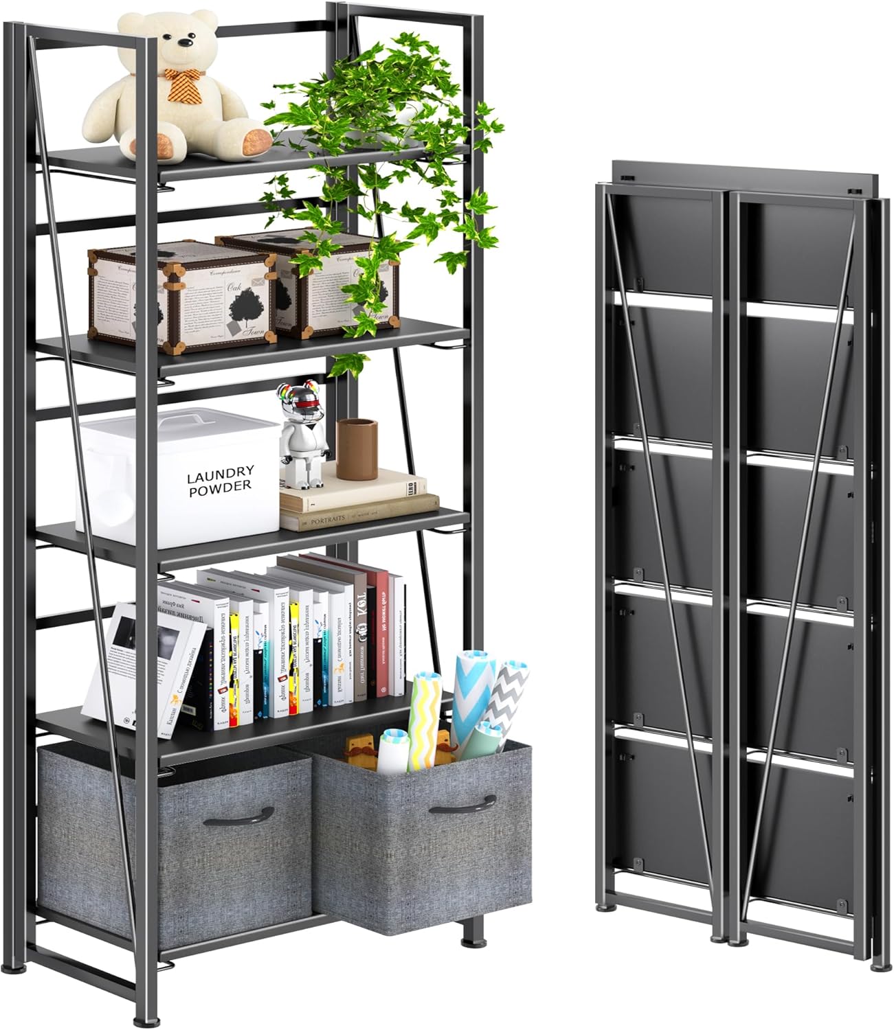 4NM No Assembly Foldable Bookshelf, 5-Shelf Collapsible Bookcase Storage for Small Spaces, 62.2" H