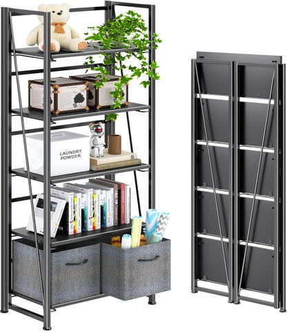 4NM No Assembly Foldable Bookshelf, 5-Shelf Collapsible Bookcase Storage for Small Spaces, 62.2" H