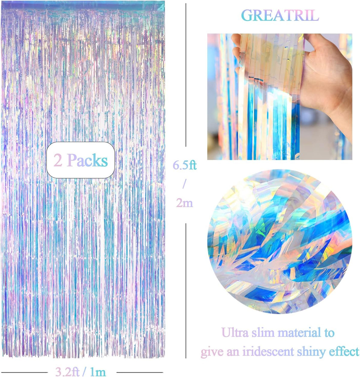 Iridescent Party Streamers Backdrop - GREATRIL Neon Transparent Holographic Tinsel Foil Fringe