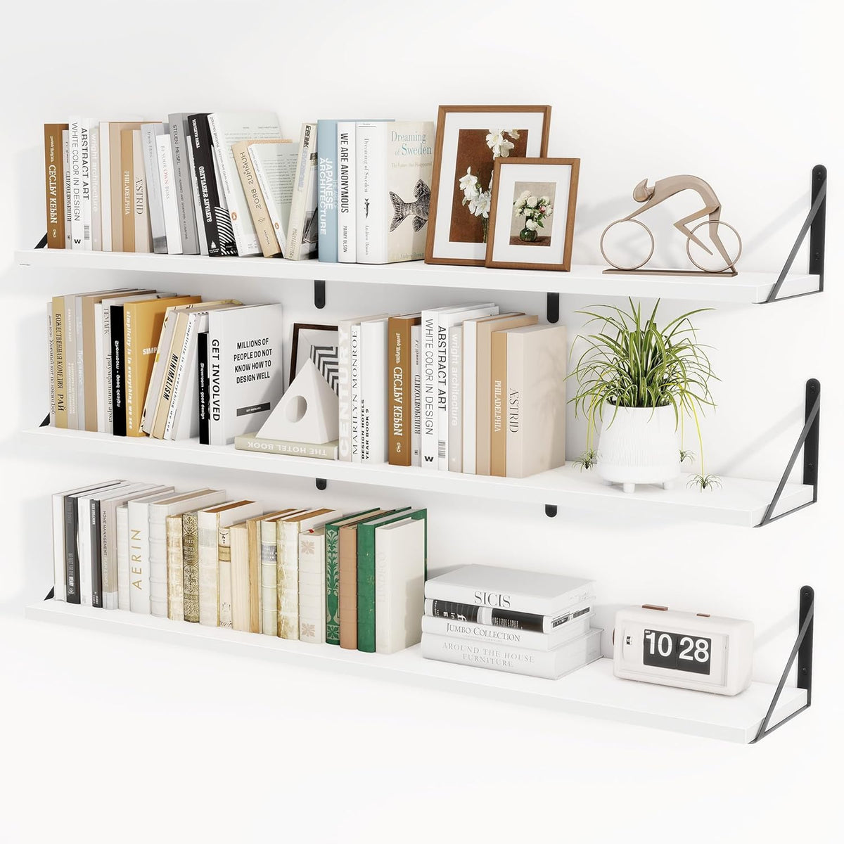 Heimlove 48 Inch Large Floating Bookshelves Set of 3,White Wall Mounted Bookshelves,Heavy Duty