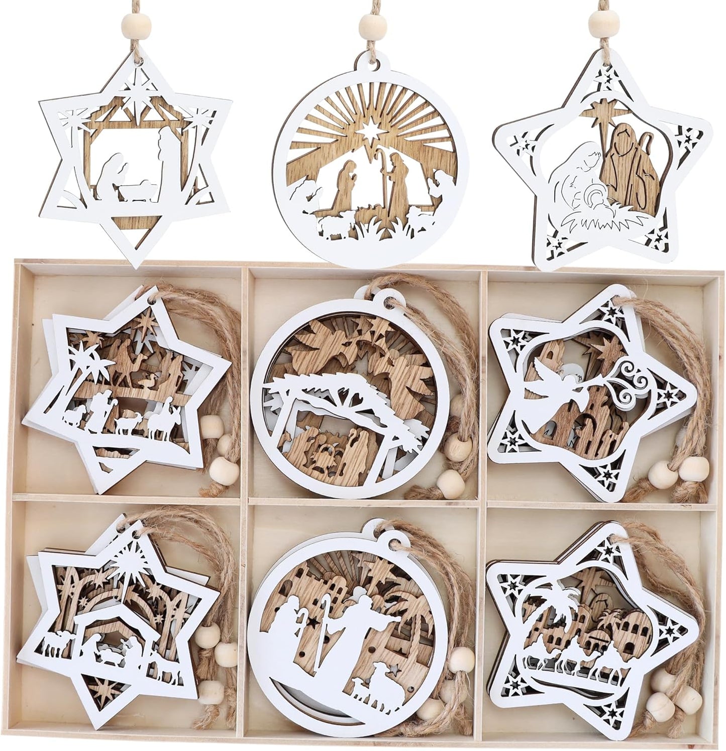 18Pcs Nativity Christmas Tree Ornaments Set, Wooden Nativity Scene Ornament, Religious Gift for