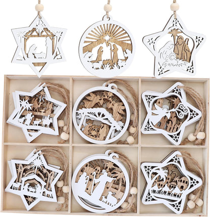 18Pcs Nativity Christmas Tree Ornaments Set, Wooden Nativity Scene Ornament, Religious Gift for
