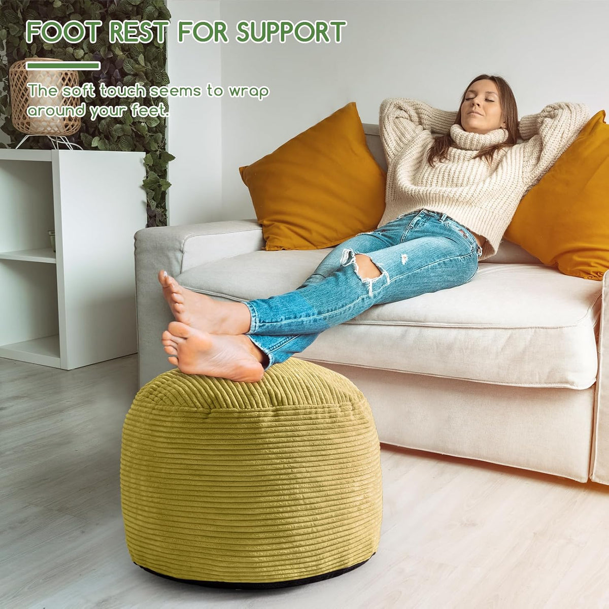 HIGOGOGO Round Stuffed Pouf Ottoman, Corduroy Poufs with Foam Chunk Filling, Furry and Fluffy Pouf