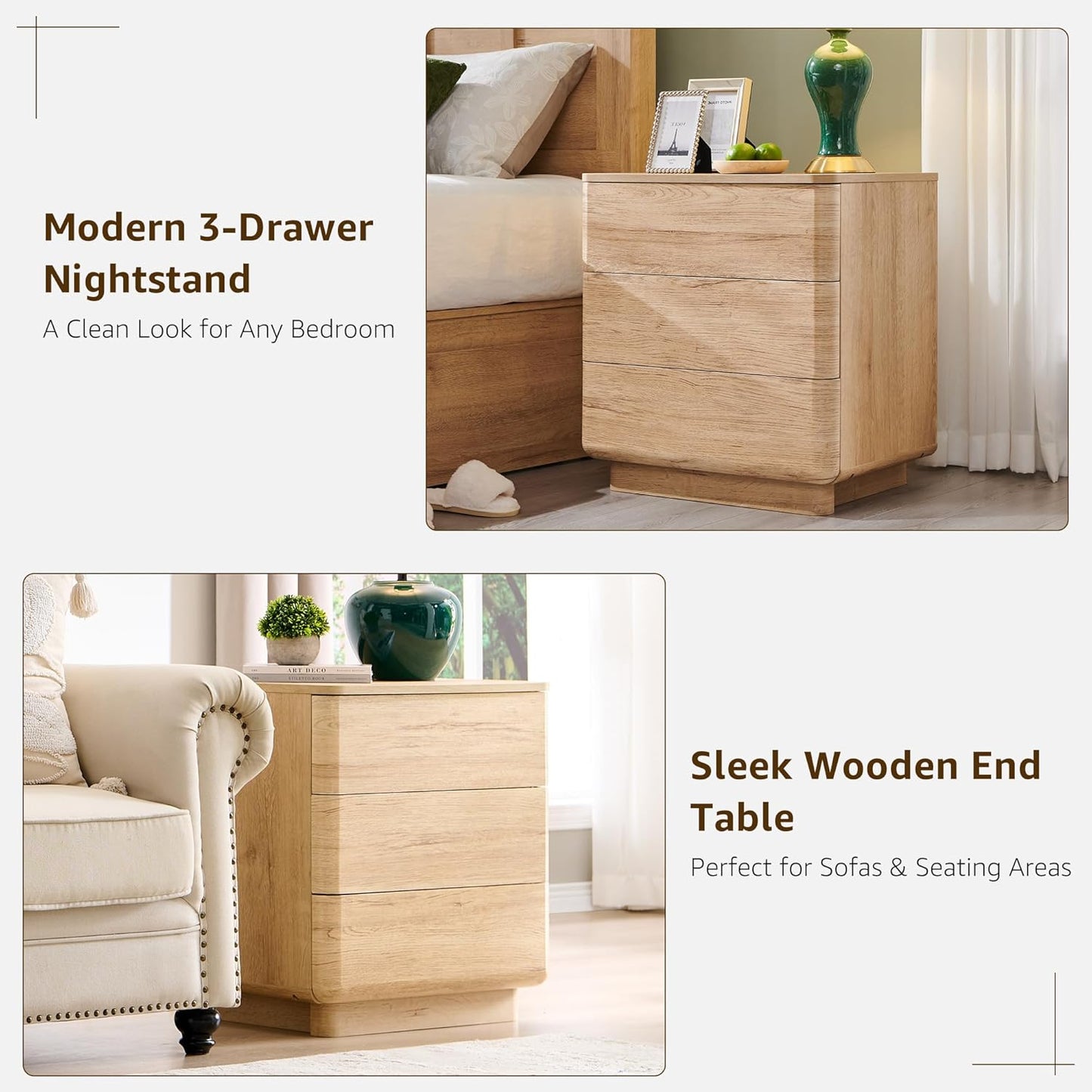 JXQTLINGMU 22" Modern Nightstand with Charging Station, Large Push-to-Open End Table, Wood Bedside
