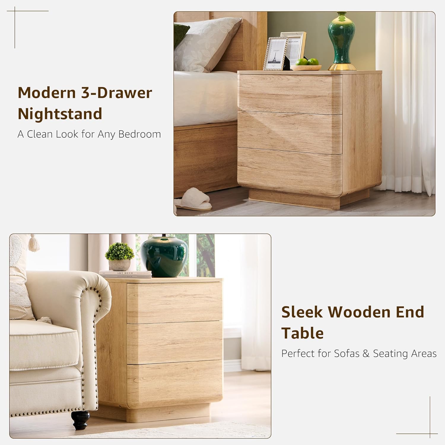 JXQTLINGMU 22" Modern Nightstand with Charging Station, Large Push-to-Open End Table, Wood Bedside