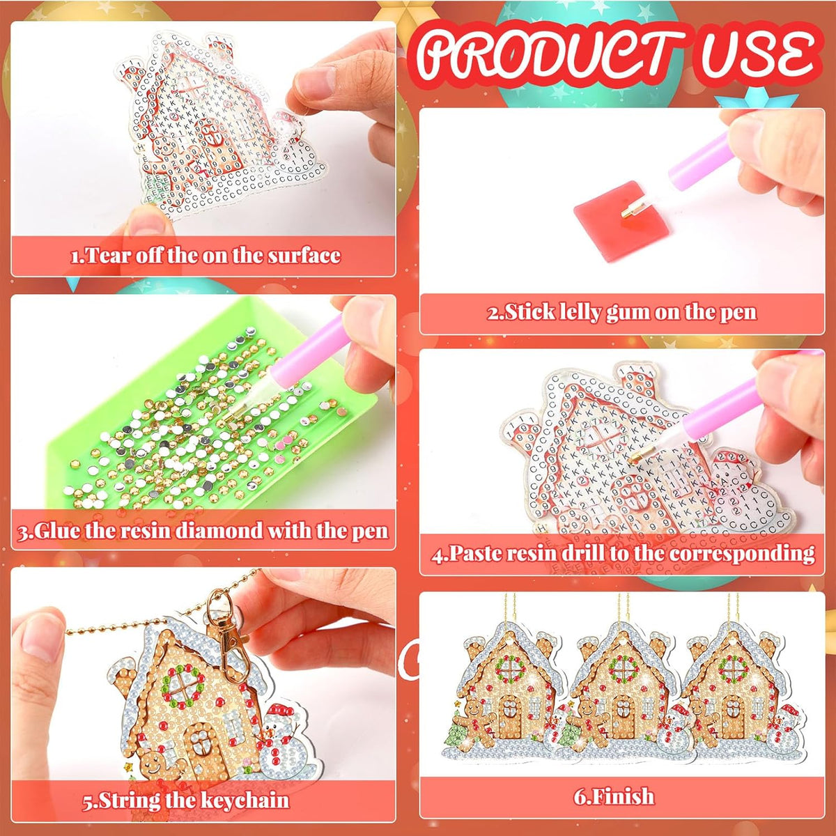 Tondiamo 20 Pcs Christmas Diamond Painting Keychain Kits 5D DIY Diamond Art Pendants Double Sided