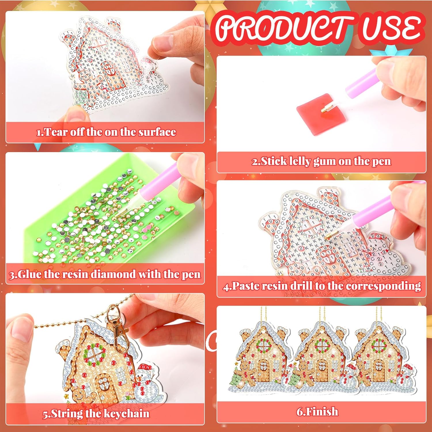 Tondiamo 20 Pcs Christmas Diamond Painting Keychain Kits 5D DIY Diamond Art Pendants Double Sided