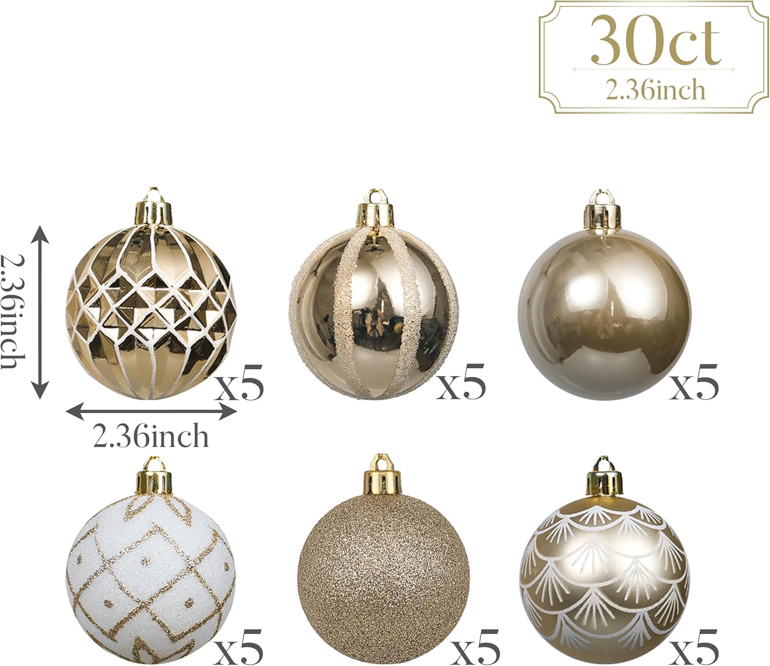 Valery Madelyn Christmas Ornaments Set, 30ct 2.36 Inches White and Gold Shatterproof Christmas Tree