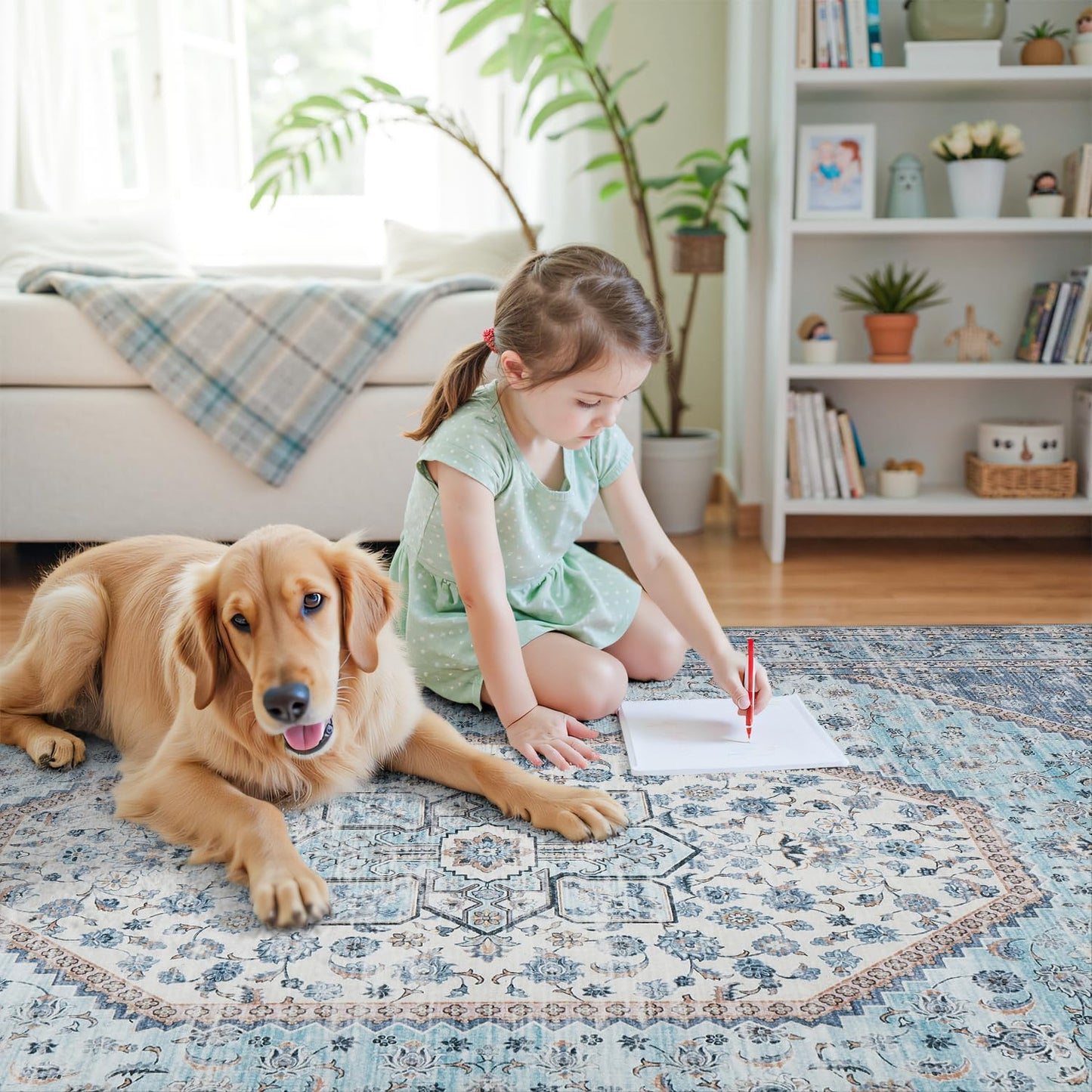 DCX Machine Washable Blue and Beige Area Rugs 5x7, Non Slip Stain Resistant Vintage Floral Rug for