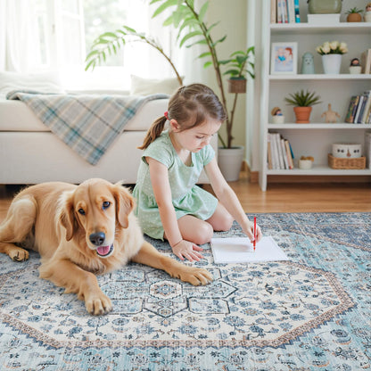 DCX Machine Washable Blue and Beige Area Rugs 5x7, Non Slip Stain Resistant Vintage Floral Rug for