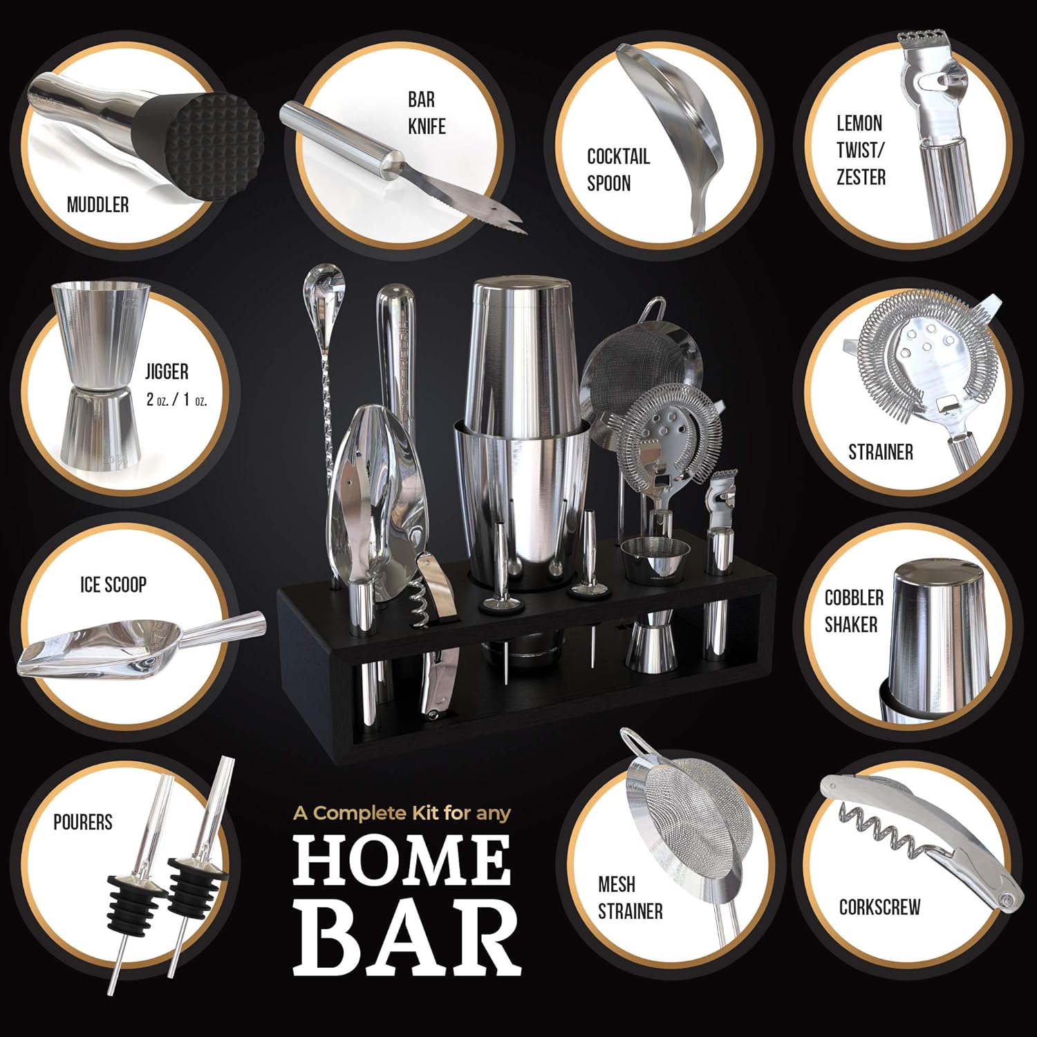 Highball & Chaser 13-Piece Boston Cocktail Shaker Set Stainless Steel Mixology Bartender Kit With