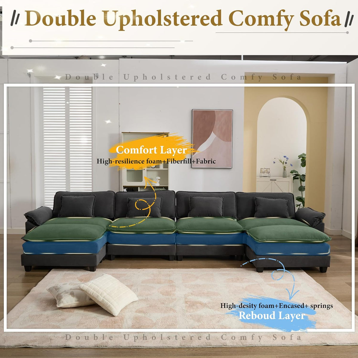 URRED Modular Sectional Sofa Comfy Cloud Couch, Modern Velvet Sofa Sleeper Deep Seat Couches with