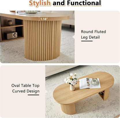 Oval Fluted Coffee Table, 47" Farmhouse Wood Coffee Table Mid Century Modern Center Table Boho