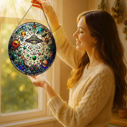 Stained Glass Window Hanging, LAOWEIKI 8'' UFO&Alien Suncatcher, Stained Glass Ornament