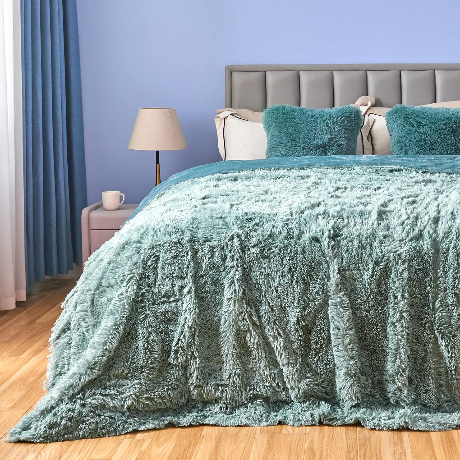 GONAAP Fuzzy Faux Fur Throw Blanket Queen Size Ice Blue Super Soft Cozy Plush Fuzzy Shaggy Blanket