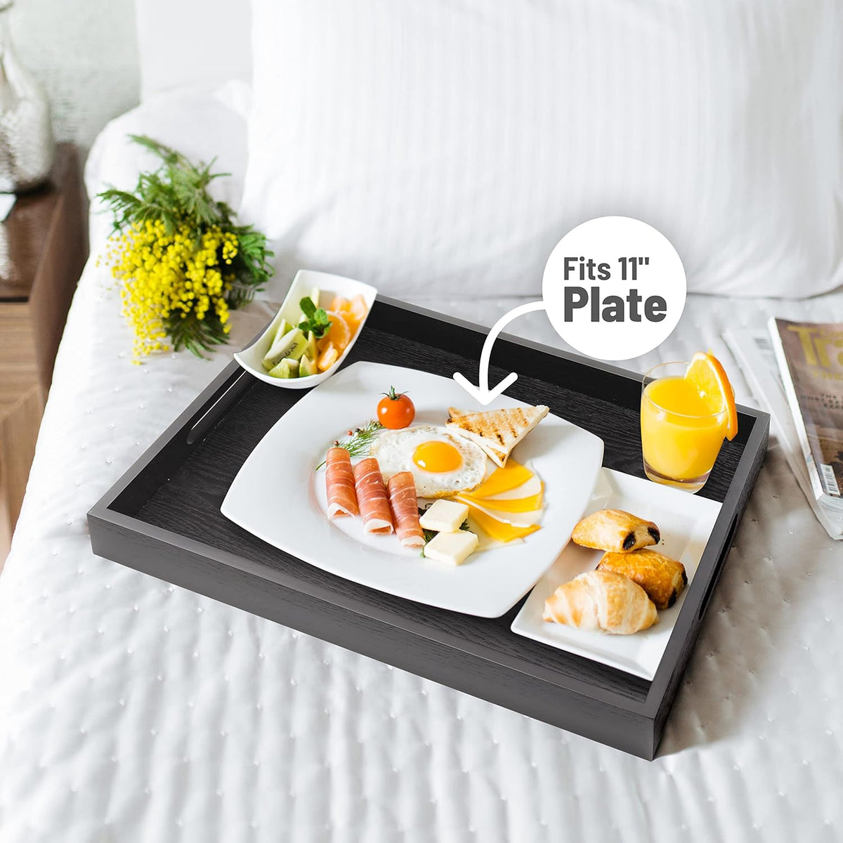Wood Serving Tray with Handles, Home Decorative Wooden Rectangle Ottoman Decor Platter Vanity Tray
