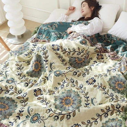 Snycler Boho Throw Blanket for Bed - 100% Cotton Ultra Soft Rustic Quilt - Blue Green Floral