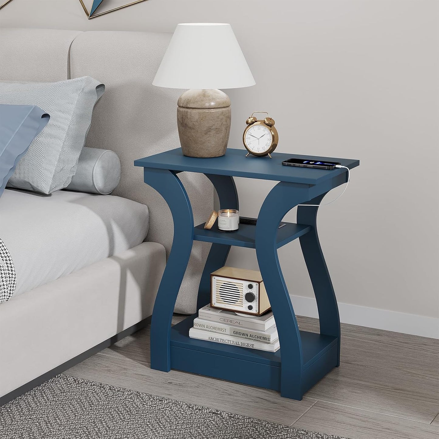 End Tables Living Room, End Table end Table with Charging Station and USB,Navy Blue Side Table