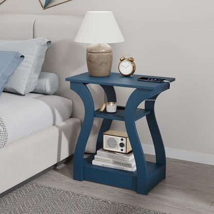 End Tables Living Room, End Table end Table with Charging Station and USB,Navy Blue Side Table