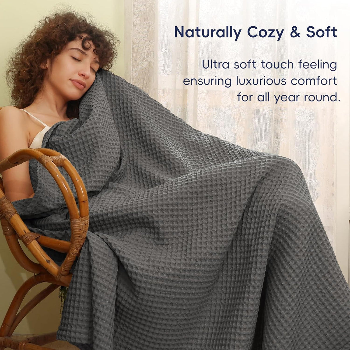 PHF Ultra Soft Waffle Weave Blanket King Size 104"x 90"- Washed Lightweight Breathable Cozy Woven
