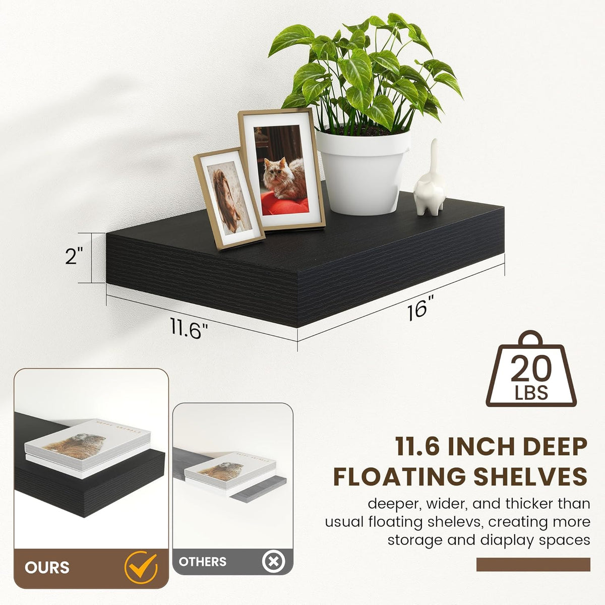 Black Deep Floating Shelves for Wall | 16 Inch Wide x 12 Inch Deep Floating Shelves Set of 2 |