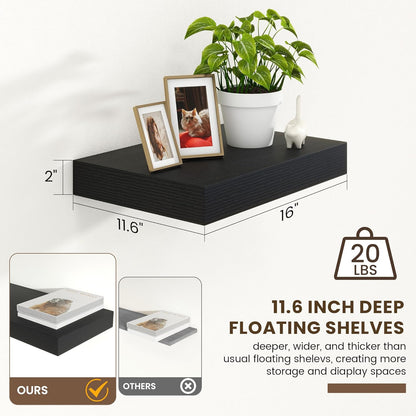 Black Deep Floating Shelves for Wall | 16 Inch Wide x 12 Inch Deep Floating Shelves Set of 2 |