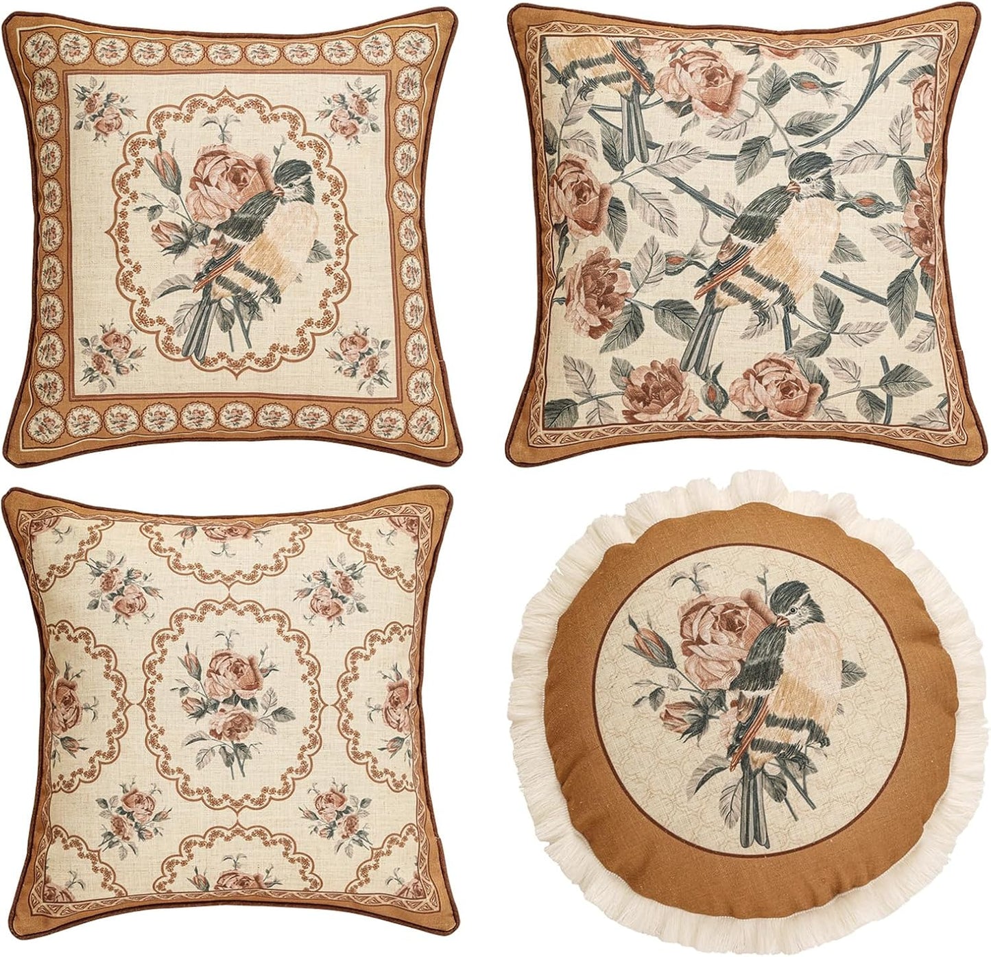 patdrea Designer Vintage Floral Throw Pillow Covers for Couch Set of 4,Brown Yellow Linen