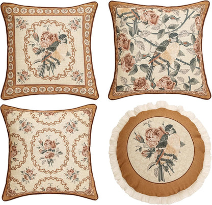patdrea Designer Vintage Floral Throw Pillow Covers for Couch Set of 4,Brown Yellow Linen
