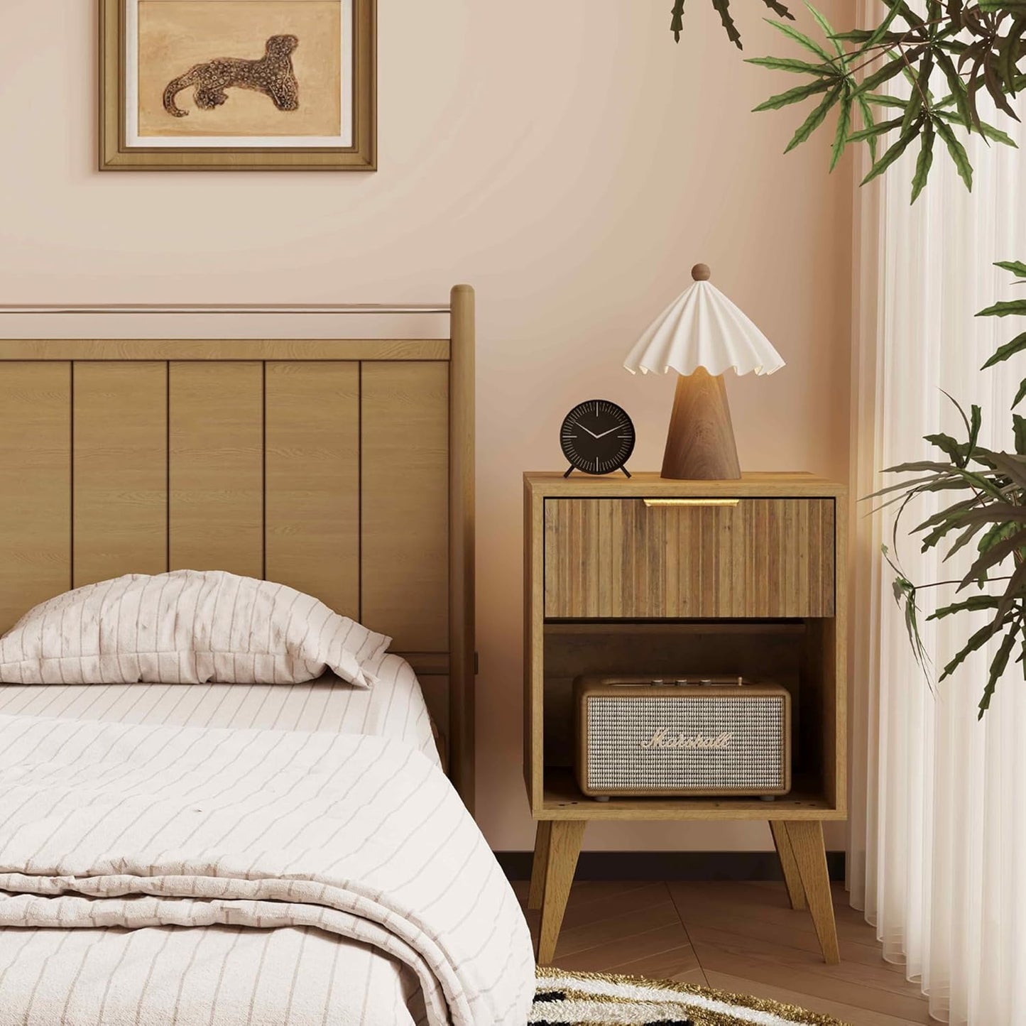 Fluted Night Stand with Opening Storage,Mid Century Bedside Table with Drawer,Wood Nightstand with