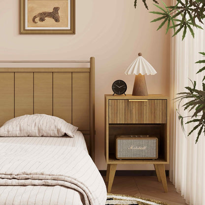 Fluted Night Stand with Opening Storage,Mid Century Bedside Table with Drawer,Wood Nightstand with