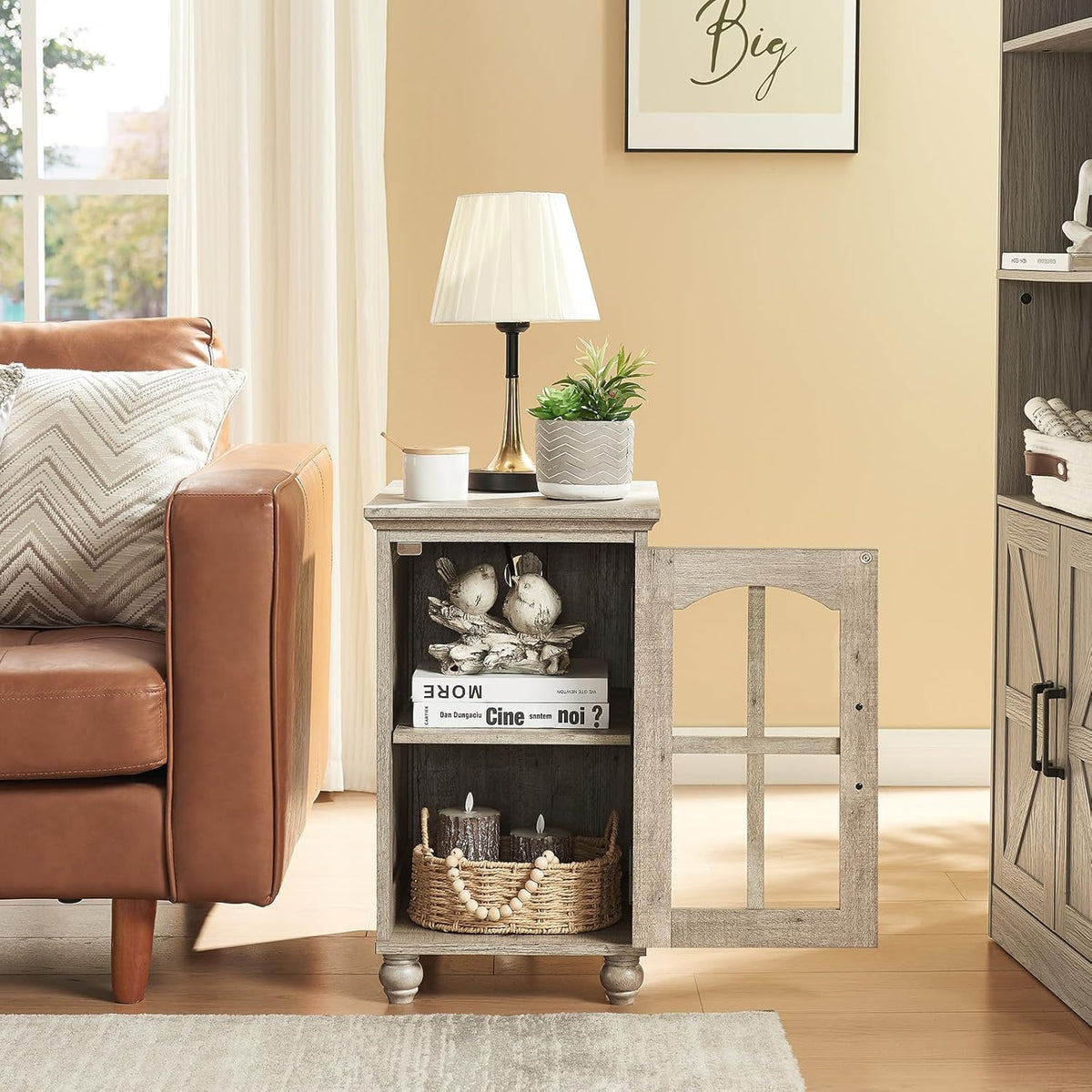 Narrow Side Table,Farmhouse Nightstand with Charging Station,Wood End Table with Glass Barn Door