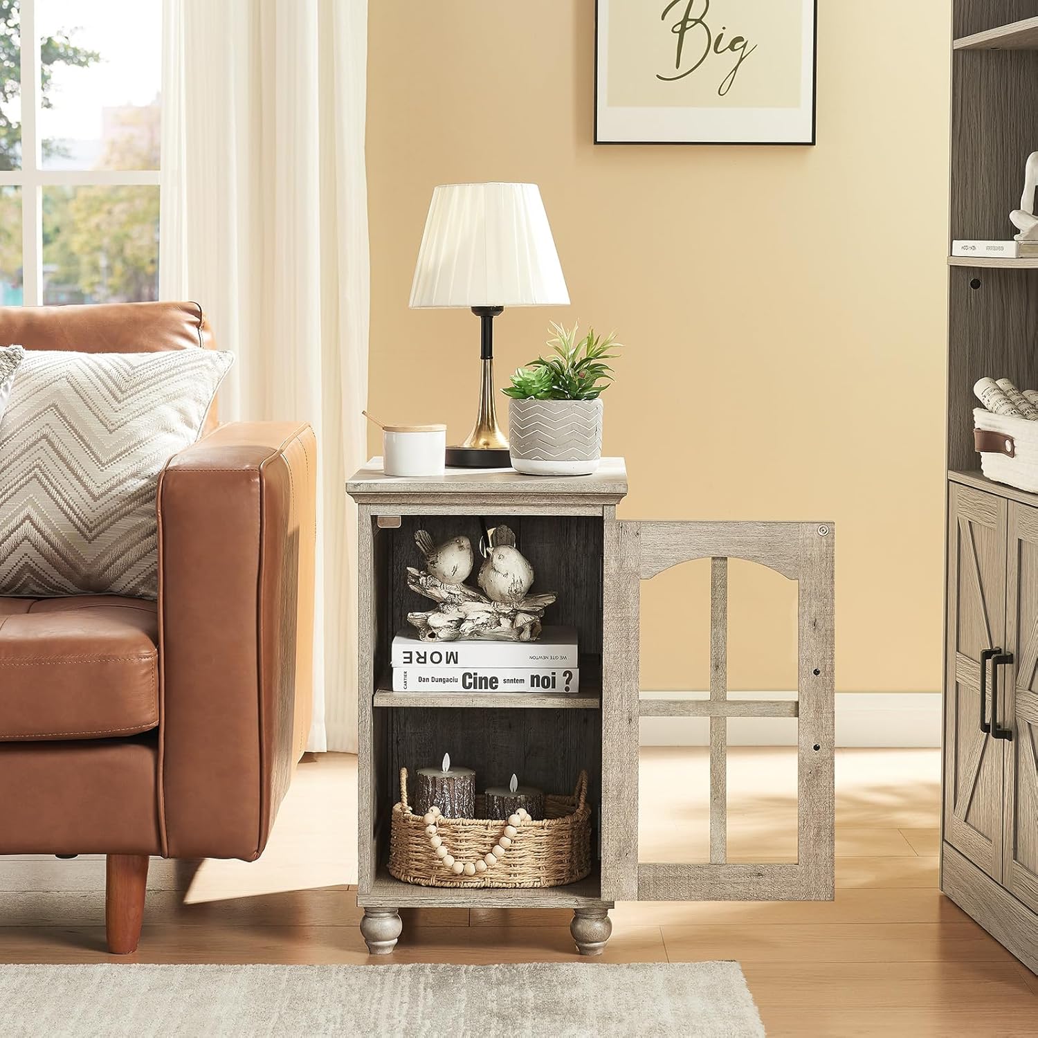 Narrow Side Table Set of 2,Farmhouse Nightstand with Charging Station,End Table with Glass Barn