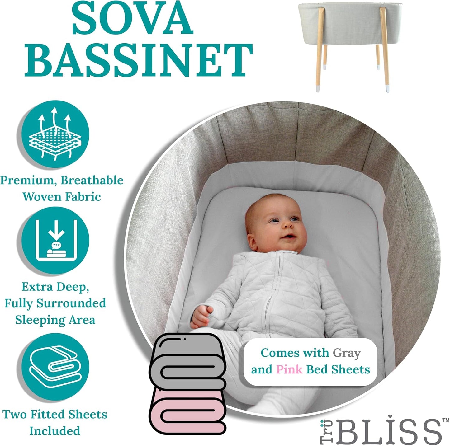 Sova Portable Baby Bassinet, Mid-Century Design with Extra Deep Walls for Newborns and Babies
