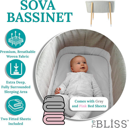 Sova Portable Baby Bassinet, Mid-Century Design with Extra Deep Walls for Newborns and Babies