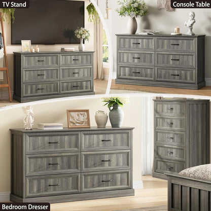Farmhouse 6 Drawer Dresser for Bedroom, 55 Inch Wide Modern Grey Dresser TV Stand with Large