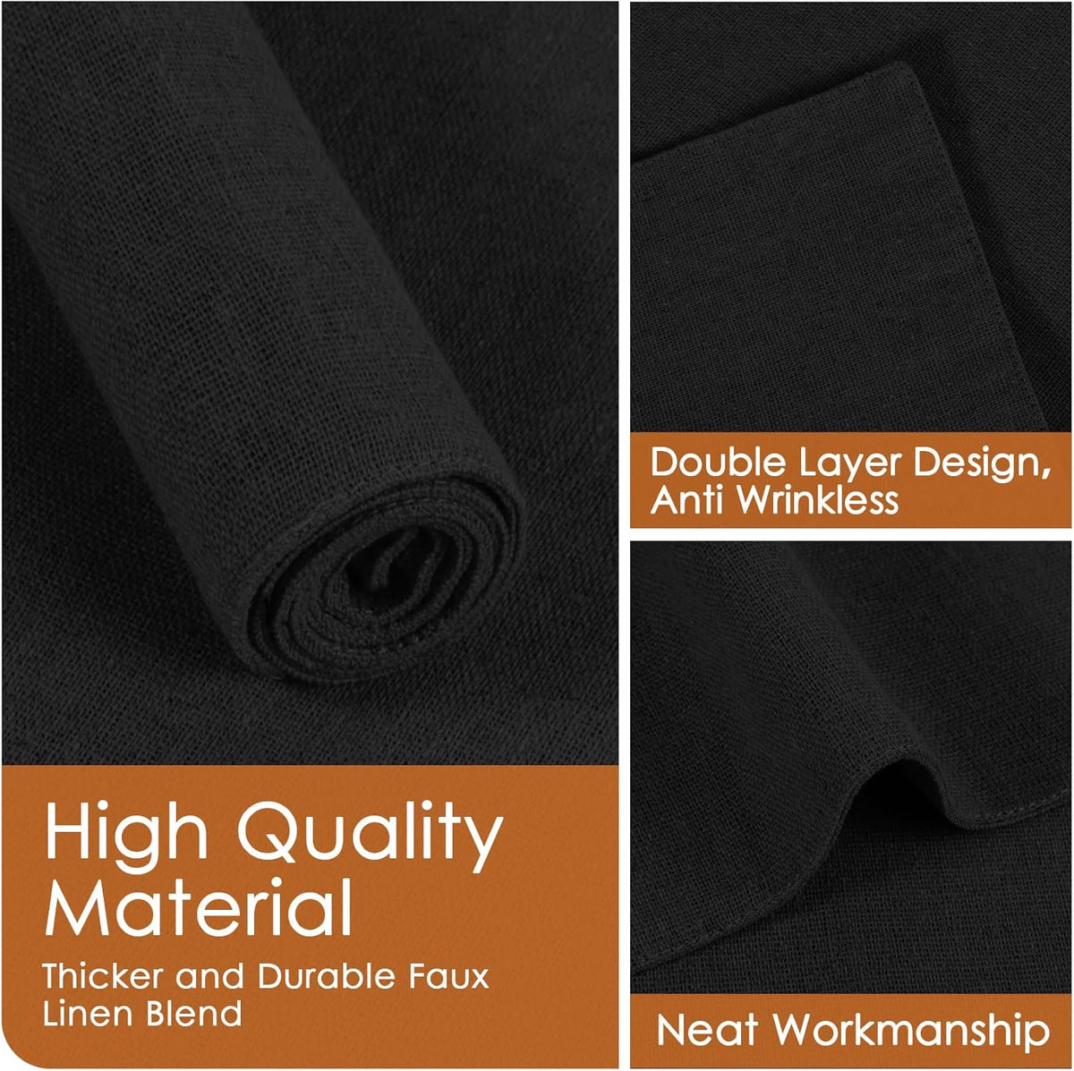MANSPHIL Black Cloth Placemats Set of 6, Double Layer Faux Linen Place Mats Heat Resistant Washable