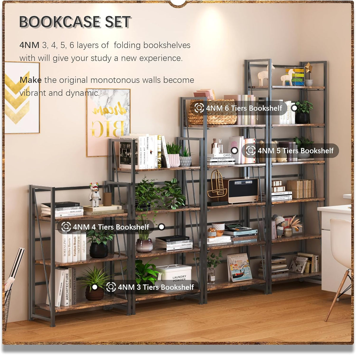 4NM No Assembly Foldable Bookshelf, 6-Shelf Collapsible Bookcase Storage for Small Spaces, 74" H