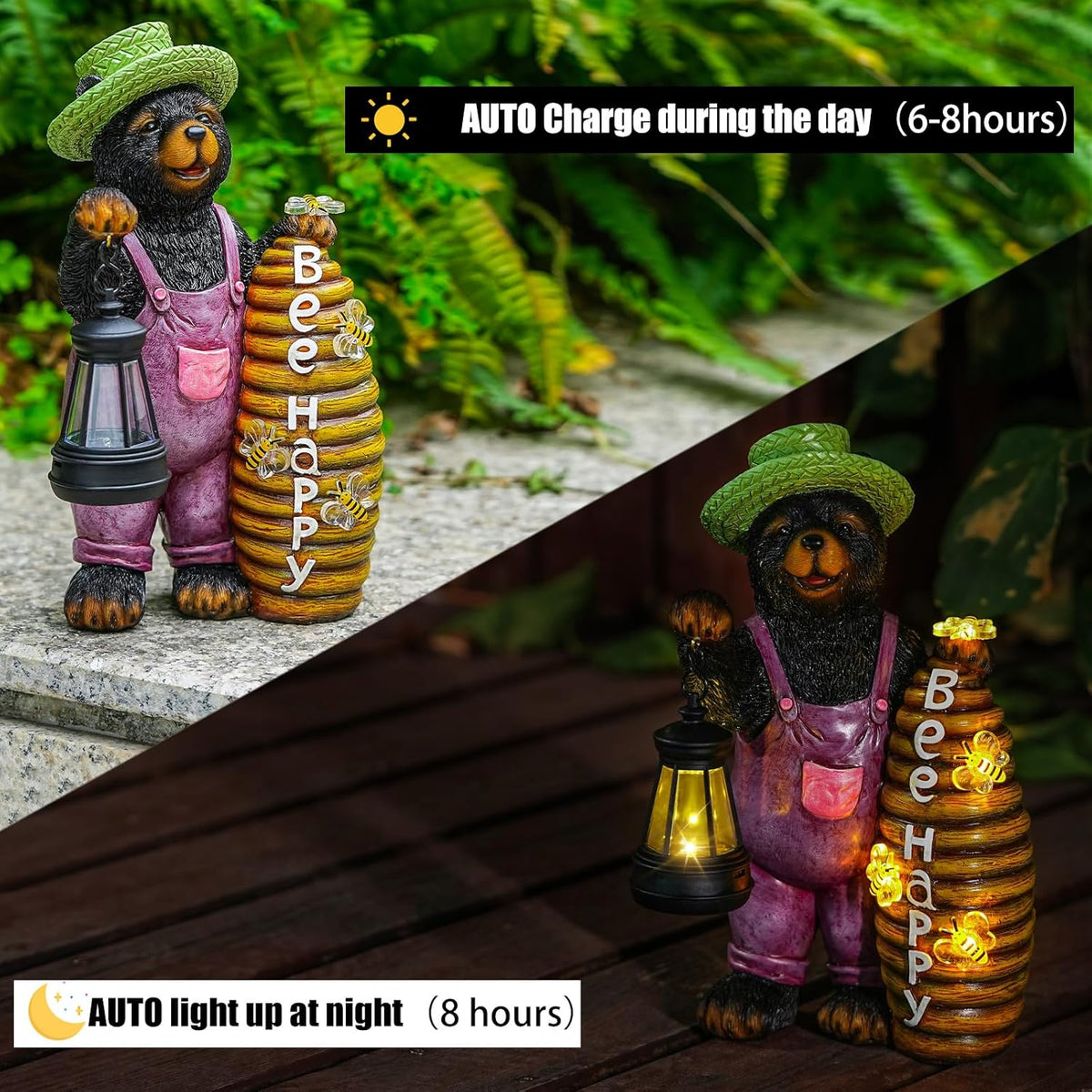 Solar Adorable Bear Garden Statue with Beehive and Lantern - “Bee Happy” Resin Outdoor Decoration