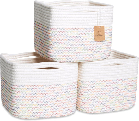 NaturalCozy Storage Cubes 9”x9”x7”Cotton Rope Woven Baskets for Organizing 3-Pack | 9 Inch Cube