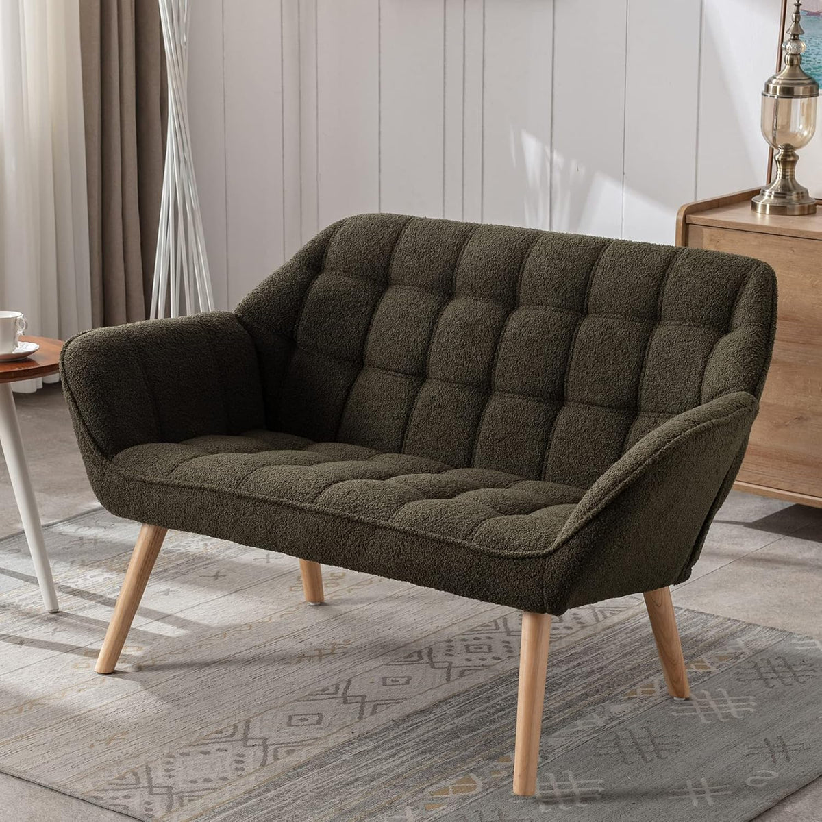 48" Small Loveseat Sofa, Modern Sherpa Mini Sofa Couch 2-Seater Fluffy Love Seat with Quilting