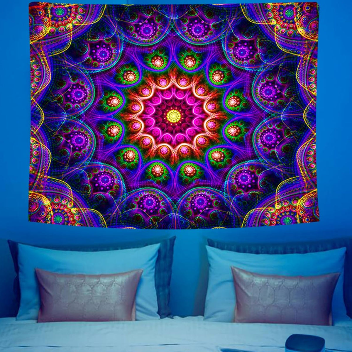 Blacklight Trippy Mandala Tapestry, Boho Black Light Posters for Adults UV Reactive Room Decor for
