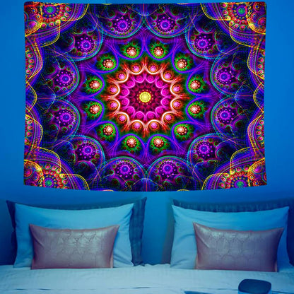Blacklight Trippy Mandala Tapestry, Boho Black Light Posters for Adults UV Reactive Room Decor for