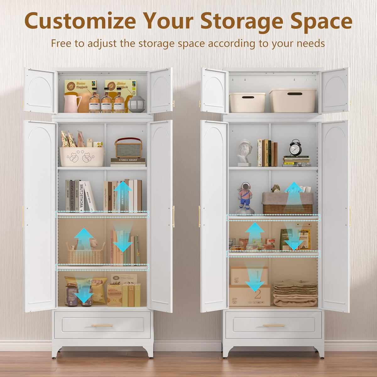 Kitchen Cabinet, 90" Tall Metal Pantry Cabinet, Freestanding Cupboards with One Drawer, Food