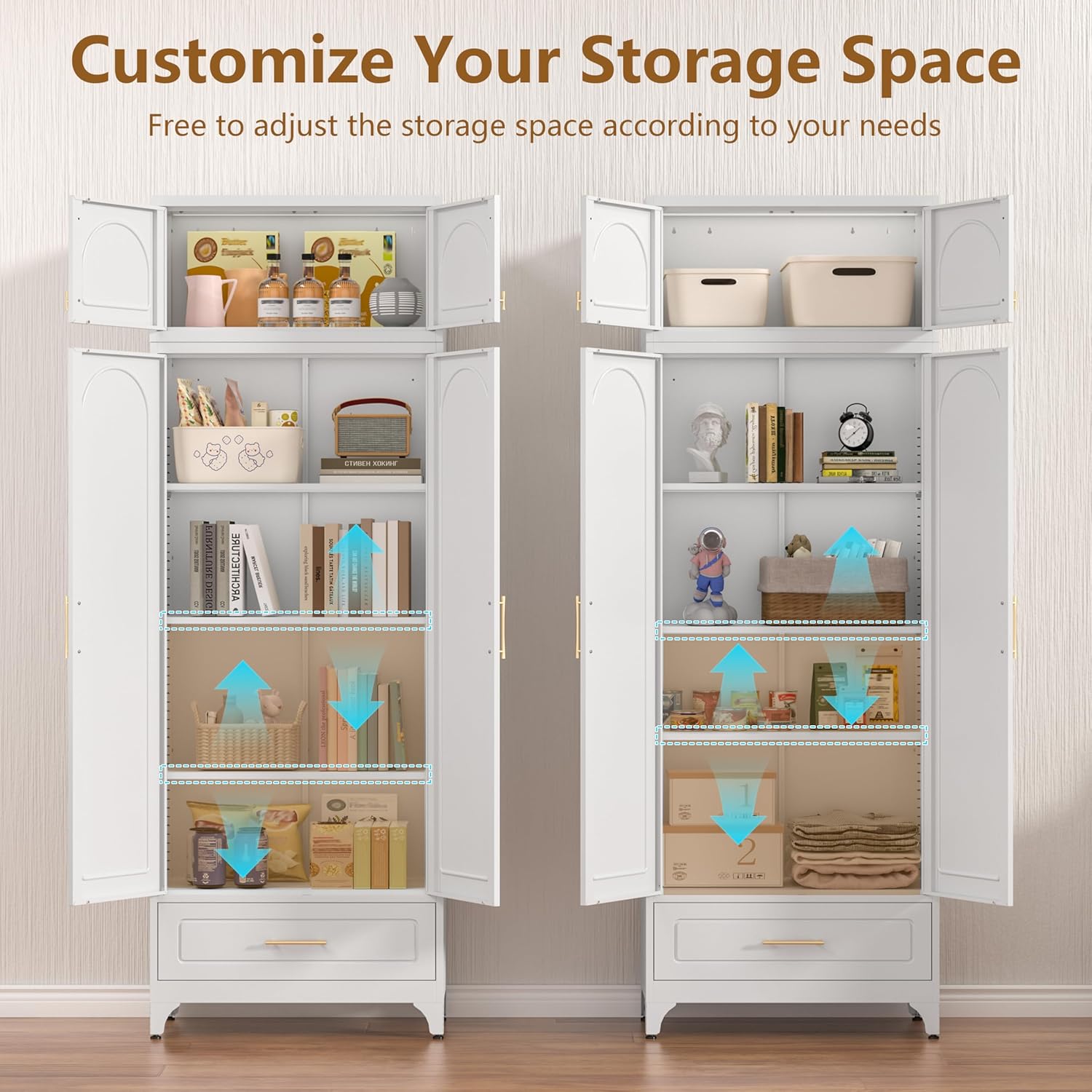 Kitchen Cabinet, 90" Tall Metal Pantry Cabinet, Freestanding Cupboards with One Drawer, Food