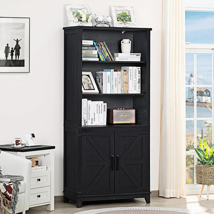 70in Tall Bookshelf 5 Tier Bookcase with Barn Doors and Adjustable Shelves, Black Farmhouse Book