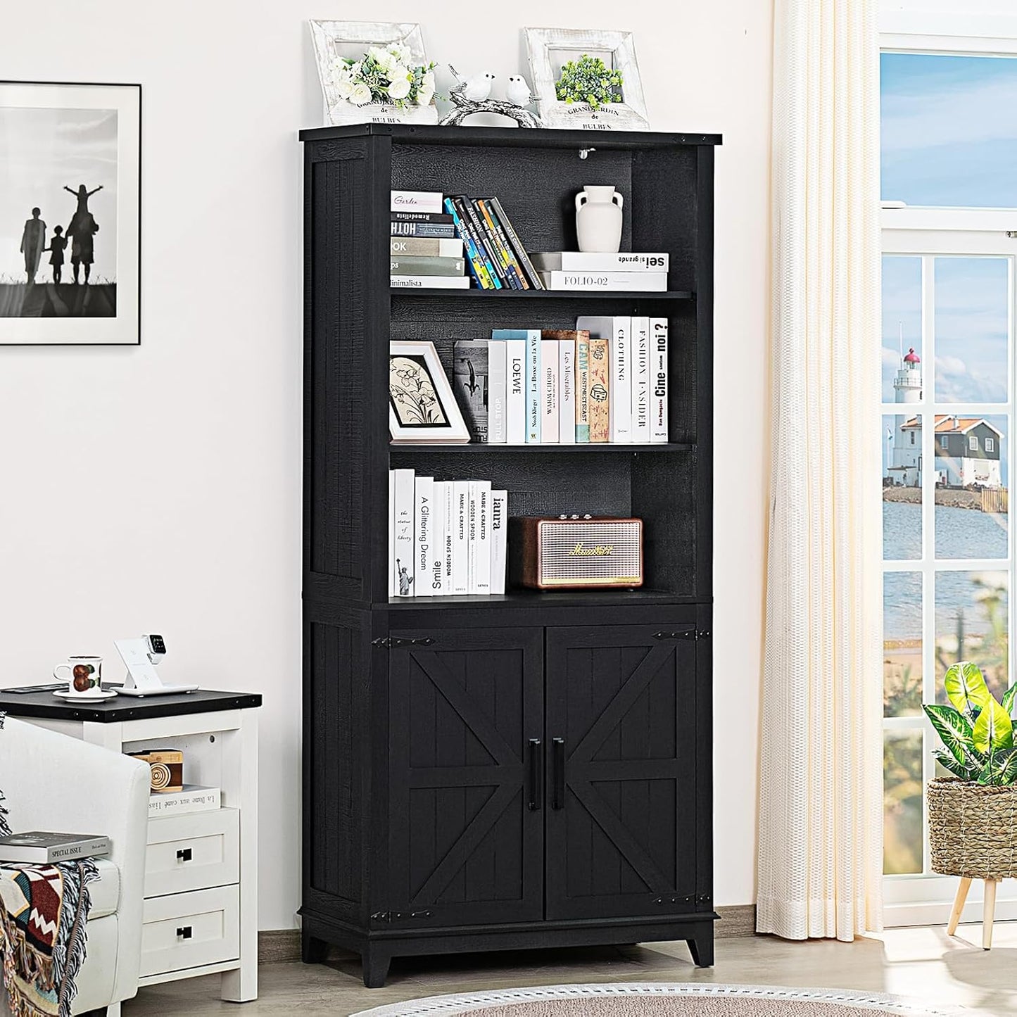 70in Tall Bookshelf 5 Tier Bookcase with Barn Doors and Adjustable Shelves, Black Farmhouse Book